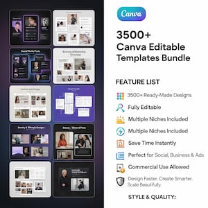 May include: A digital graphic showcasing a Canva templates bundle. The image displays various template designs for social media posts, business, fashion, and beauty. Text highlights 3500+ ready-made designs, fully editable, and commercial use allowed.
