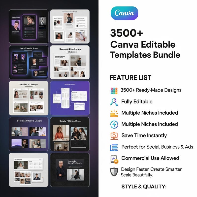 May include: A digital graphic showcasing a Canva templates bundle. The image displays various template designs for social media posts, business, fashion, and beauty. Text highlights 3500+ ready-made designs, fully editable, and commercial use allowed.