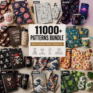 May include: An assortment of notebooks, mugs, and phone cases featuring diverse patterns such as floral, doodle, 80s retro, coffee, pirate, skull, Japanese wave, fruit, cocktail, and jungle themes. The image displays the text "11000+ PATTERNS BUNDLE".