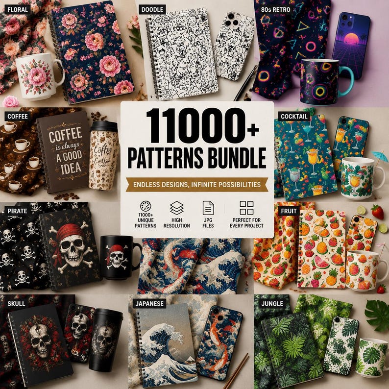 May include: An assortment of notebooks, mugs, and phone cases featuring diverse patterns such as floral, doodle, 80s retro, coffee, pirate, skull, Japanese wave, fruit, cocktail, and jungle themes. The image displays the text "11000+ PATTERNS BUNDLE".