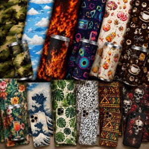 May include: An assortment of insulated tumblers and phone cases with diverse patterns. Tumblers display designs such as camouflage, clouds, flames, and geometric shapes. Phone cases feature wave art, floral, and skull designs. The items are in a range of colours.