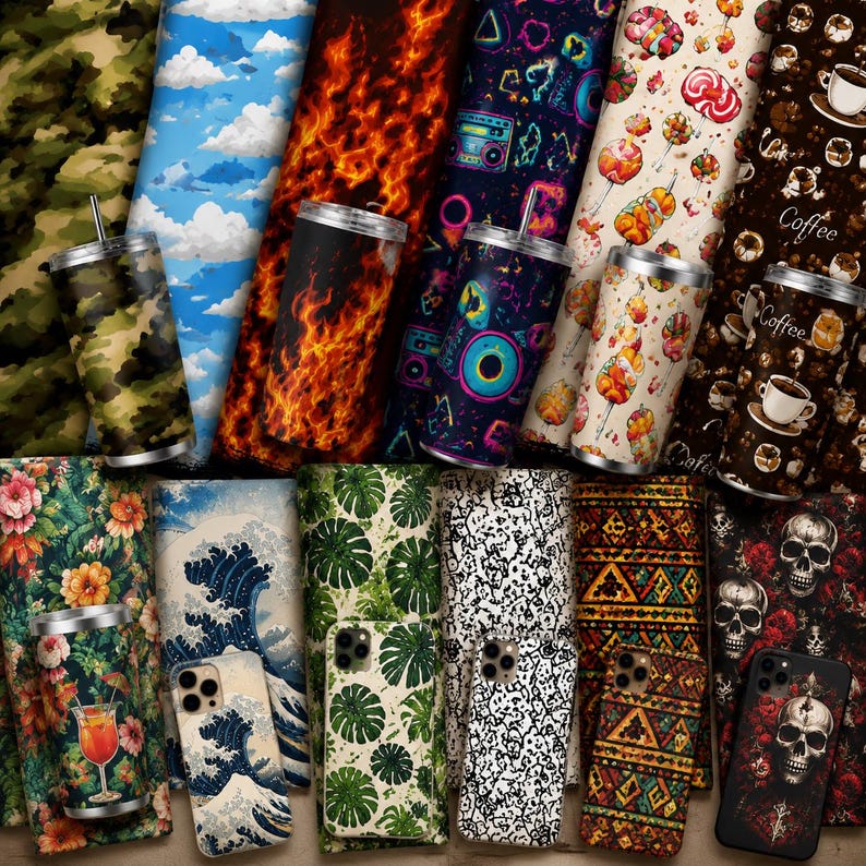 May include: An assortment of insulated tumblers and phone cases with diverse patterns. Tumblers display designs such as camouflage, clouds, flames, and geometric shapes. Phone cases feature wave art, floral, and skull designs. The items are in a range of colours.