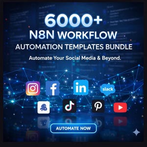May include: A digital graphic promoting an automation templates bundle. The image features the text "6000+ N8N WORKFLOW AUTOMATION TEMPLATES BUNDLE" and "Automate Your Social Media & Beyond." Social media icons for Instagram, Facebook, LinkedIn, Slack, Snapchat, TikTok, Pinterest, and YouTube are also displayed.