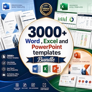 May include: An advertisement for a bundle of over 3000 Word, Excel, and PowerPoint templates. The image features a central circular design with the text "3000+ templates Bundle." Additional text highlights features such as customisation and compatibility.