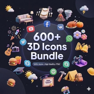 Puede incluir: Una colección de iconos 3D sobre un fondo oscuro. Los iconos incluyen logotipos de redes sociales, alimentos, símbolos meteorológicos y otros objetos. El texto "600+ 3D Icons Bundle" se muestra de forma destacada. El paquete incluye archivos PNG de alta calidad.