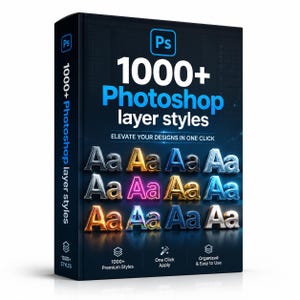 以下が含まれることがあります： 1000種類以上のPhotoshopレイヤースタイルが入ったデジタル製品ボックス。黒い箱にはPhotoshopのロゴ、1000+ Photoshop layer stylesというテキスト、そしてメタリックやネオンなどの質感を持つ12個のAaの文字サンプルがグリッド状に配置されています。