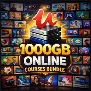 Puede incluir: Imagen promocional de un paquete de cursos en línea. La imagen presenta una pila de tres dispositivos de almacenamiento de datos con un logotipo "U" rojo en la parte superior. El texto "1000GB ONLINE COURSES BUNDLE" se muestra prominentemente, rodeado de pantallas con varios temas de cursos.