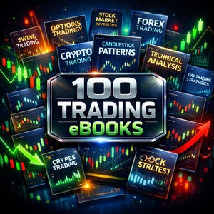 Puede incluir: Imagen digital que muestra 100 eBooks de trading. La imagen presenta portadas de libros con títulos como "Swing Trading", "Crypto Trading" y "Forex Trading". Se ven gráficos con líneas verdes y rojas, junto con una flecha roja que apunta hacia arriba.
