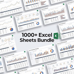 May include: A collection of Excel spreadsheet dashboards with various charts and graphs, including line, bar, and pie charts. The image features the text "1000+ Excel Sheets Bundle" and the Excel logo.
