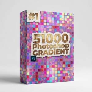 Könnte beinhalten: Eine rechteckige Box mit einem Mosaikmuster in Rosa-, Lila- und Blautönen. Der Text "#1" befindet sich in der oberen linken Ecke. Die Worte "51000 Photoshop GRADIENT" sind in goldfarbenen Buchstaben auf einem zerrissenen Papierhintergrund mit dem Photoshop "Ps"-Logo.