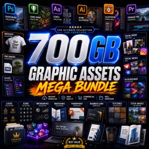 Könnte beinhalten: Eine Werbegrafik für ein 700 GB Grafik-Assets Mega-Bundle. Das Bild zeigt Software-Icons, Mockups und Designelemente. Der Text enthält "The Ultimate Collection for Creatives" und "Best Value - Limited Time Offer."