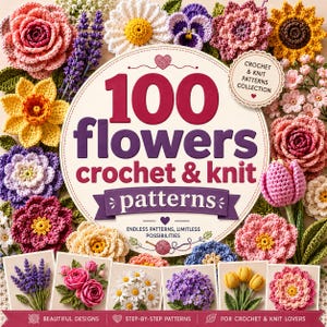 Paket med 100 mönster för virkning och stickning med blommor | PDF-mönster för filtar med blommor, rosor, prästkragar och solrosor (pdf-nedladdning)