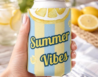 サマーバイブス缶クーラー、レモン缶用保冷ケース、かわいい夏のドリンクスリーブ、プールパーティーの景品、ビーチバケーションギフト、レギュラー缶またはスリム缶用