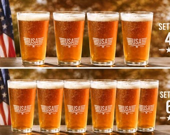 Engraved Pint Glass Set of 4 or 6 | USA 1776 2026 Patriotic Beer Glasses | American Flag Barware | Fourth of July Gift