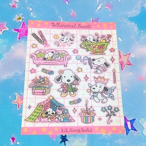 Whimsical Snoopie Sticker Sheet: Glossy Vinyl Waterproof Decals