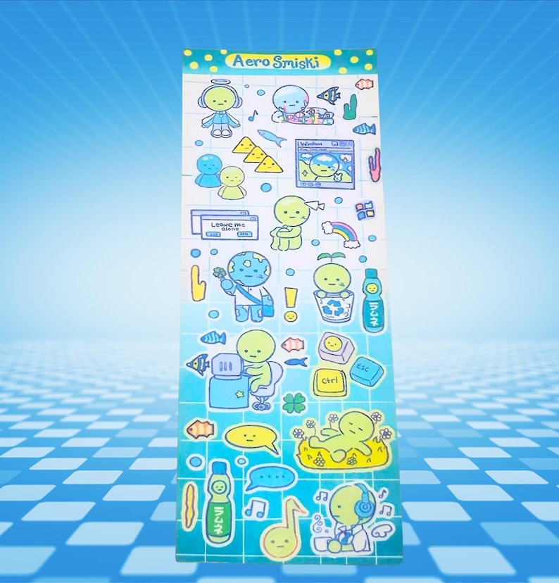 May include: Aero Smiski sticker sheet featuring various cartoon characters in shades of blue, green, and yellow. The sheet includes images of fish, rainbows, musical notes, and computer-related icons. The text "Leave me alone" is visible on the sheet.
