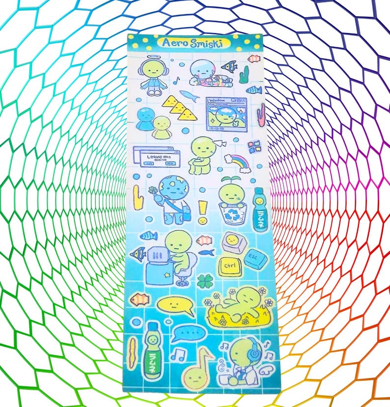 May include: Aero Smiski sticker sheet featuring various cartoon characters and icons in shades of blue, yellow, and green. The sheet includes images of fish, rainbows, and musical notes. The text "Aero Smiski" is at the top.