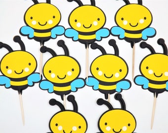 BEE MALE Yellow Black Blue Cupcake Toppers, Set of 10 Cupcake Toppers, Centerpiece Sticks, Baby Shower, Birthday