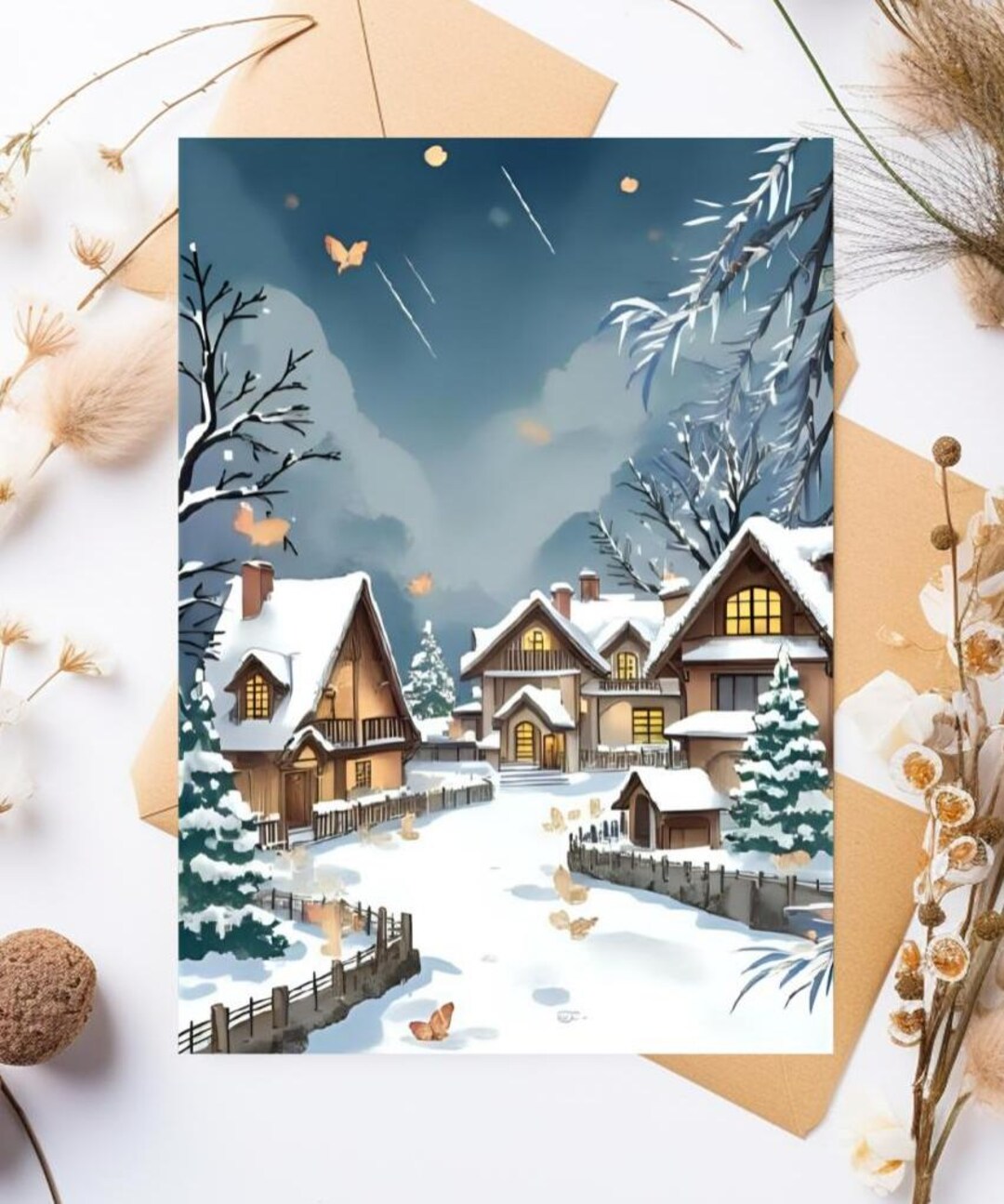 Christmas Village Snow Scene Greeting Card Cozy Holiday Winter ...