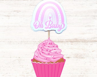 Cupcake Toppers Baby Shower Topper Birthday Topper Oh Baby Pink Rainbow Topper Set of 12