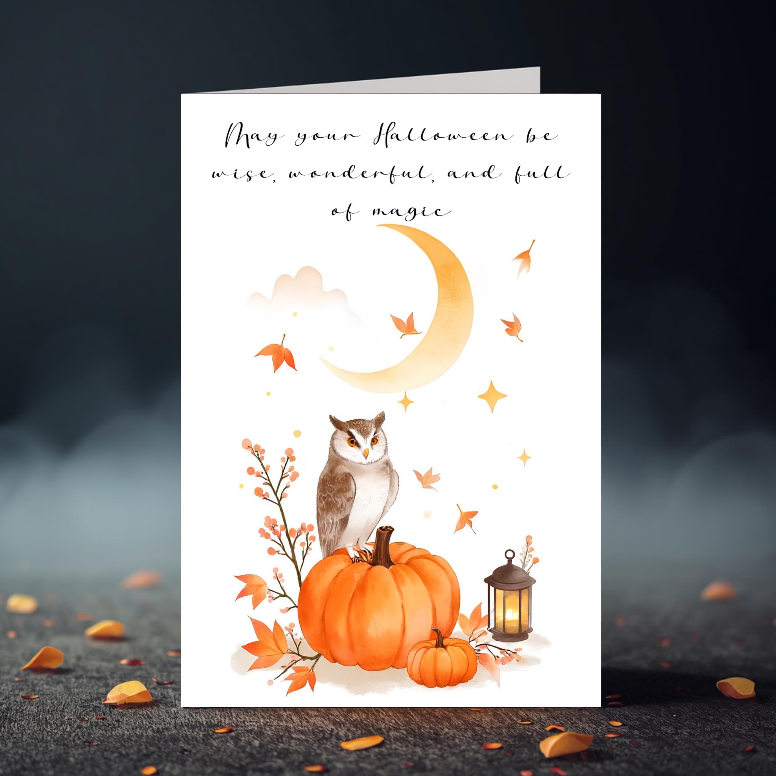 Owl Halloween Greeting Card Watercolor Autumn Moon Card Design Printable 5x7 Instant Download