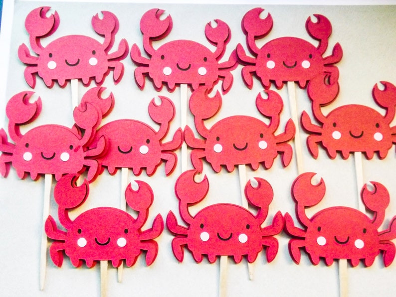 10 Red Ocean Crab Cupcake Toppers, Cupcake Toppers, Centerpiece Sticks, Baby Shower, Birthday image 3