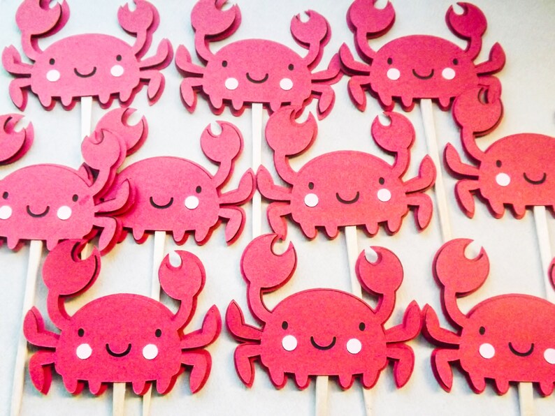 10 Red Ocean Crab Cupcake Toppers, Cupcake Toppers, Centerpiece Sticks, Baby Shower, Birthday image 2