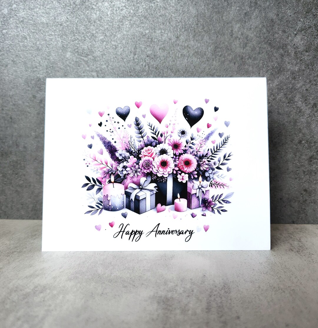 Happy Anniversary Card for Her Pink Purple Gray and Black Floral ...