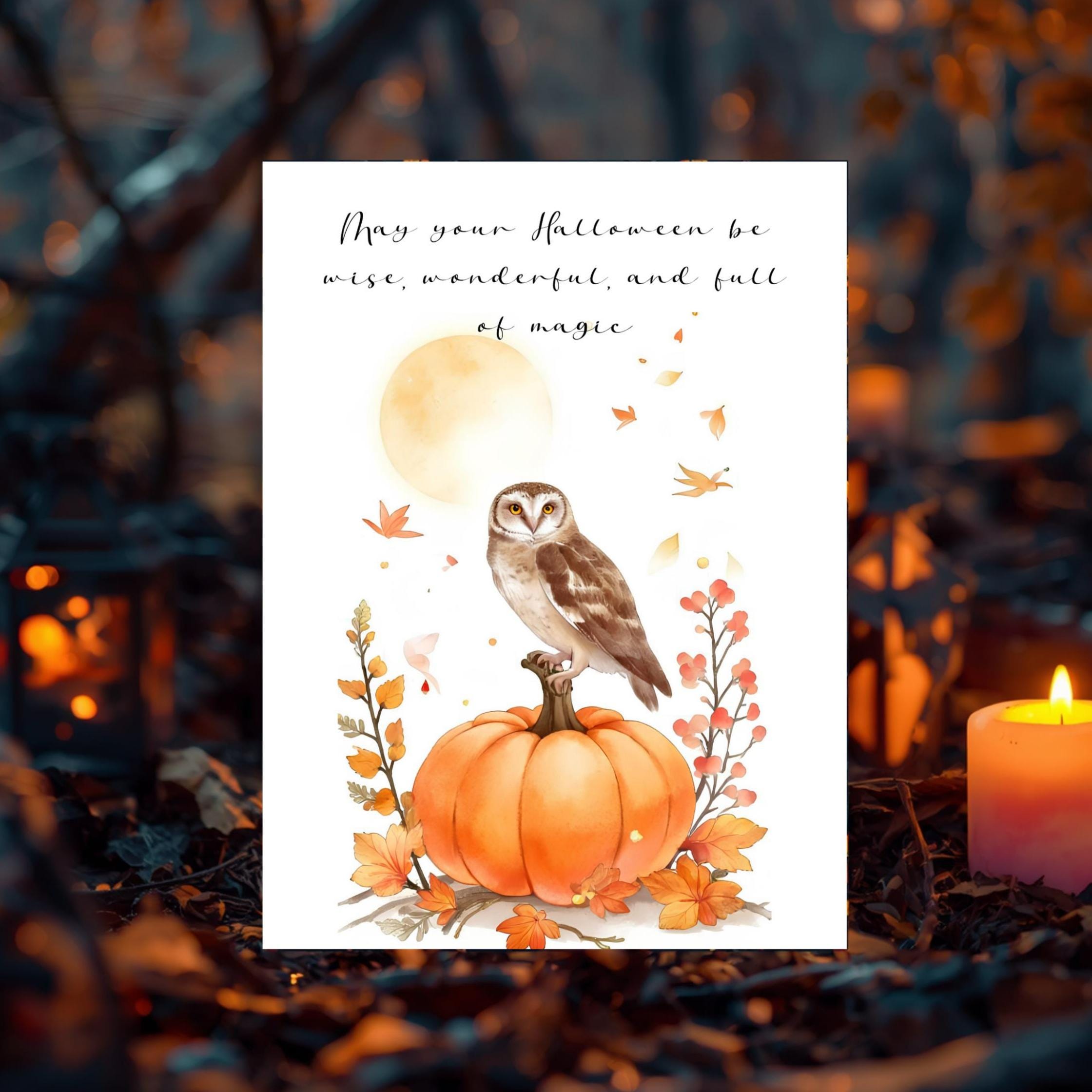 Owl Halloween Greeting Card Watercolor Autumn Moon Card Design Printable 5x7 Instant Download