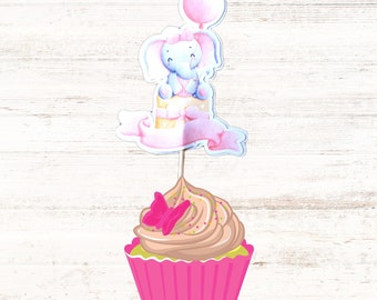 Cupcake Toppers Baby Shower Topper Birthday Topper Pink Elephant Theme 2 Topper Set of 12