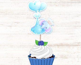 Cupcake Toppers Baby Shower Topper Birthday Topper Elephant Theme 4 Topper Set of 12