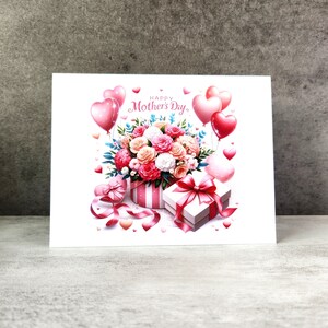 Mother&#39;s Day Card Pink Heart Balloons, Floral Bouquet Happy Mother&#39;s Day Card with Envelope