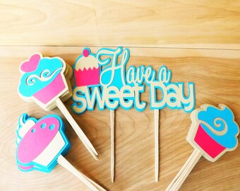 HAVE a SWEET DAY 1 Cake Topper 15 Cupcake Toppers Pink Blue Cream Wood Picks Dessert and Appetizer Picks