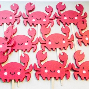 10 Red Ocean Crab Cupcake Toppers, Cupcake Toppers, Centerpiece Sticks, Baby Shower, Birthday image 1