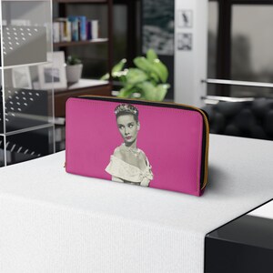 Cartera con cremallera de Audrey Hepburn, estilo pop art, de piel sintética rosa intenso, estilo vintage, accesorio de moda, regalo original