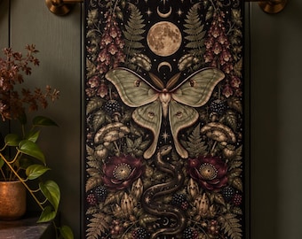 Handtuch mit Mondfalter- und Schlangenmotiv, gotische botanische Badezimmerdekoration, dunkler Cottagecore-Stil