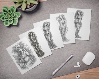 Botanische Göttin Grußkarten | Graphite Woodland Art Briefpapier-Set