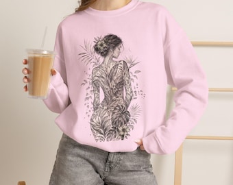 Sudadera de cuello redondo con estampado botánico para mujer / Sudadera con estampado de naturaleza monocromática