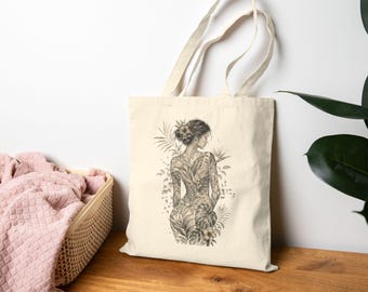 Bolso de mano con estampado botánico de mujer tatuada / Bolso de mercado de arte con hojas tropicales vintage