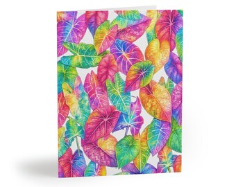 Regenbogen Alocasia Blätter Aquarell Karte | Tropisches Pflanzen-Briefpapier (DIN A2)