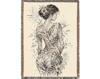 Botanical Feminine Form Woven Blanket | Cotton Tapestry Couch Throw | Nature Art Home Decor