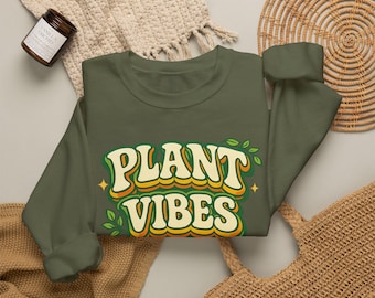 Plant Vibes Retro Crewneck Sweatshirt | Botanical Leafy Design, Unisex Fit