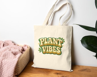 Retro Plant Vibes Cotton Tote Bag | Botanical Market Bag, Eco-Friendly Canvas Totes