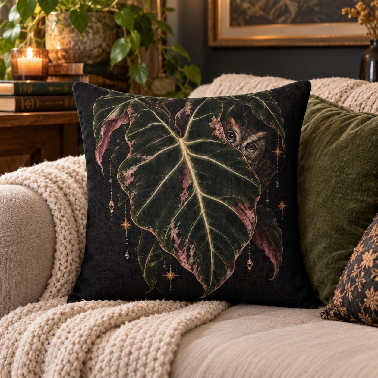 Celestial Pink Philodendron Owl Pillow, Dark Cottagecore Botanical Decor
