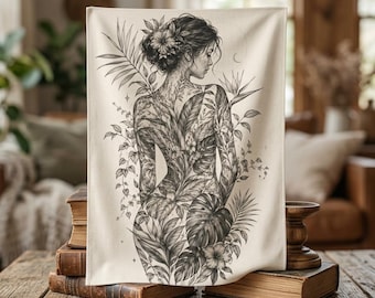 Monochrome Botanical Woman Tapestry, Feminine Nature Art, Cottagecore Wall Hanging