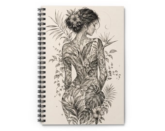 Cuaderno de espiral Botanical Woman Graphite Art, diario floral, 6x8