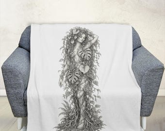 Botanical Goddess Minky Blanket, Nature Inspired Floral Couch Throw, Cottagecore Home Decor