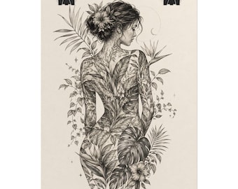 Ilustración de línea fina de una mujer botánica, lámina decorativa de naturaleza bohemia tropical para pared.