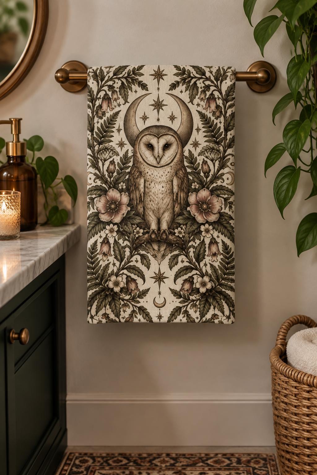 Celestial Owl Hand Towel, Botanical Floral Bathroom Decor, Cottagecore Guest Towel