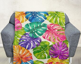 Monstera Leaf Minky Blanket | Watercolor Botanical Throw, Cozy Plant Lover Gift